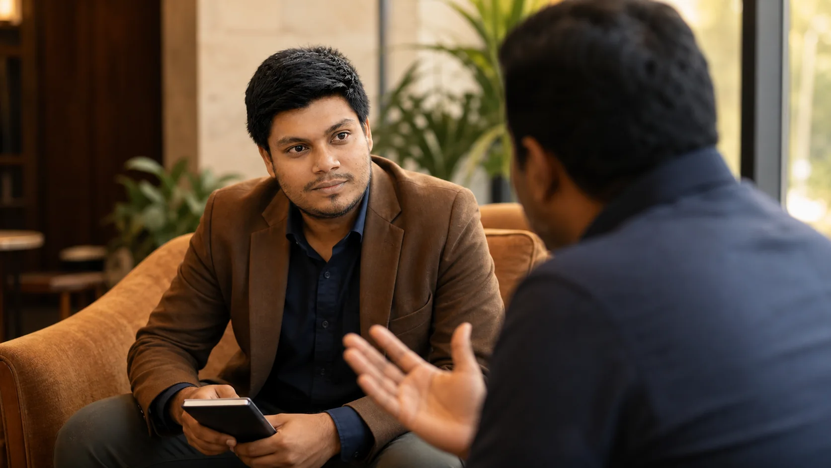 Kayen Akeel listening during a one-to-one advisory conversation