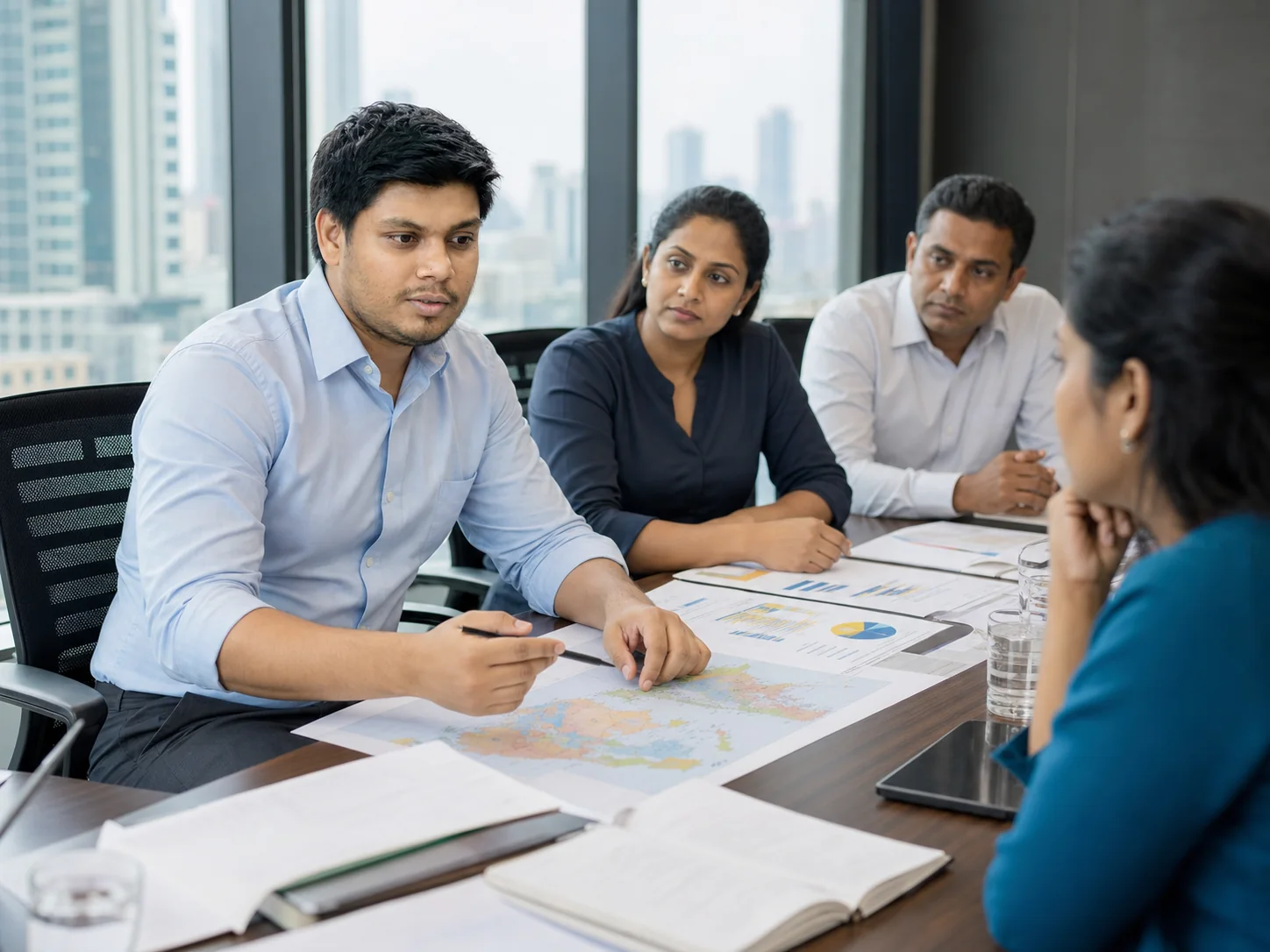 Kayen reviewing a market-entry plan with Sri Lankan executives
