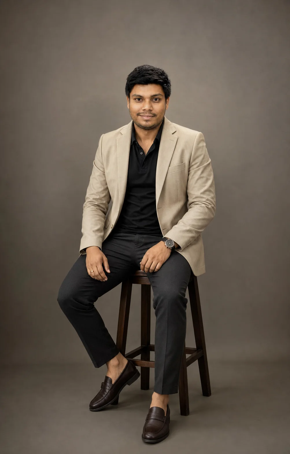 Kayen Akeel seated on a studio stool in smart-casual clothing and looking at the camera
